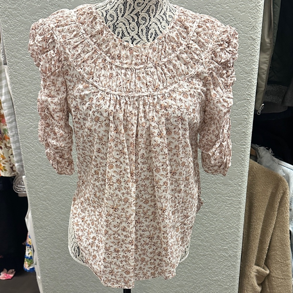 Veronica Beard Orange/Maroon Floral Socked Neck and Ruched Sleeves Blouse